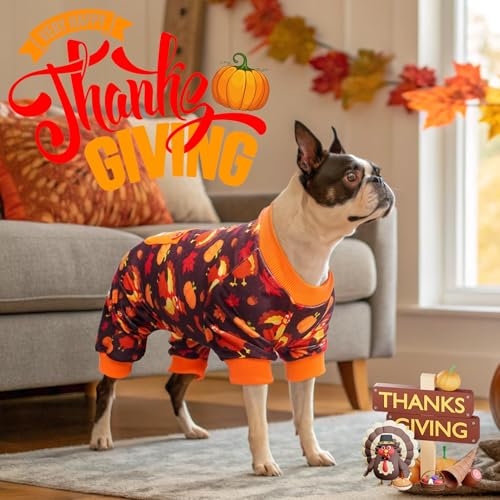 Image of BEAUTYZOO Dog Thanksgiving Pajamas, Soft Puppy Sweater for Small Dogs | Velvet Jumpsuit for Girl Boy Puppies, Breathable Pet Pjs, Warm Jammies Onesies in Cold Weather, Pumpkin Turkey, Orange S