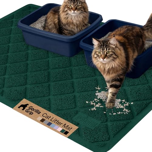 Image of GORILLA GRIP Cat Litter Box Mat, 47x35, Cushioned Coil Mesh Litter Trapping Mats, Scatter Control Supplies for Less Mess, Phthalate Free, Ultra Deep Catch Grooves, Rinse or Vacuum to Clean, Dark Green