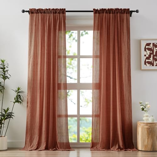 Anpark Lot de 2 Panneaux de voilages froissés élégants en Coton et Lin texturé avec Passe-Tringle pour Chambre à Coucher, 132,1 x 182,9 cm (l x L), Terre...