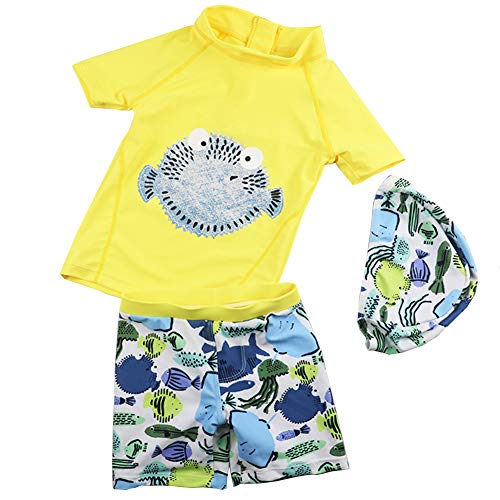 Baby Boys Two Piece Swimsuits Rash Guard Short Sleeve Shark Bathing Suit Swimwear Sets with Hat UPF 50+ for Kids (Yellow, 18-24 Months)