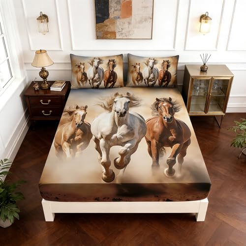 UEVBF Horse Bedding Western Fitted Sheets for Teens,Farm Animal Bedding Set for Kids Boys Girls Room Horse Decor,Desert Theme Bedding Sheets Twin Size Bed Set,1 Fitted Sheet+2 Pillowcases.