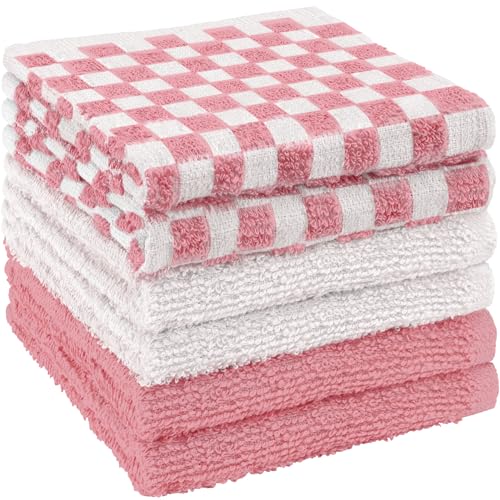 DecorRack 6 Pack 100% Cotton Checkered Washcloths 12x12 inch Soft Cotton Face Towels Absorbent and Durable Wash Cloth Set for Bathroom Spa Gym and Travel Pink (Pack of 6)