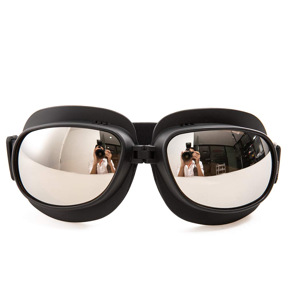 Motorcycle Goggles Vintage Pilot Goggles Retro Motocross Goggle Outdoor Eyewear Sports Glasses for Half Helmet (Black frame Silver lens)