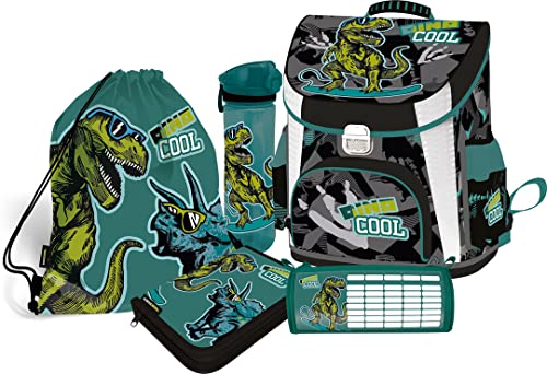 SCOOLSTAR DINO fürJungen 1 Klasse Tornister Schulrucksack Schultasche Grundschule super leicht | SET 5 teilig | inkl. Sportbeutel Federmäppchen Stifteetui Trinkflasche Cover