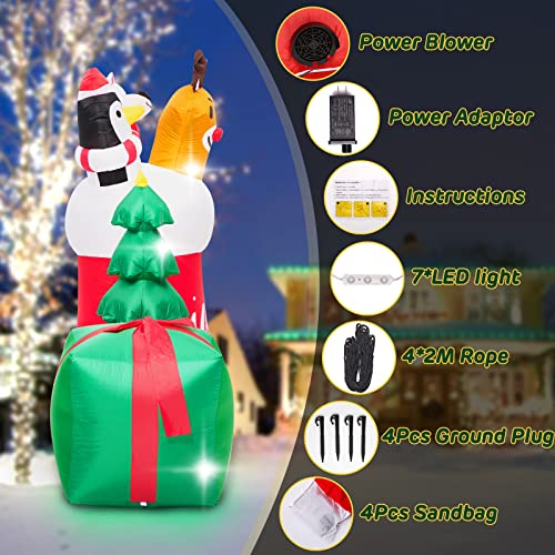 8FT Christmas Inflatable Outdoor Decoration,Inflatable Animal in Xmas Stocking with Gift Box,Lighted Blow Up Animal Standing on Christmas Socks with LED Lights for Christmas Outdoor,Yard Decorations