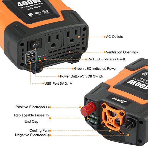 Ampeak 400W Power Inverter DC 12V to 110V AC Car Inverter with 3.1A Dual USB Converter