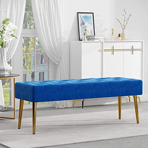 Awqm Velvet Bench Ottoman Upholstered Bedroom Benches Entryway Bench With Crystal Button Tufted Padded Soft Kitchen Bench For Living Room Bedroom, Gold Metal Legs, Dark Blue #TOP3