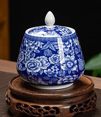 Recipiente de cerámica azul y blanco 123Arts con tapa sellada para café 4