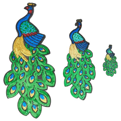 FINGERINSPIRE 3 PCS Peacock Sequins Patches 3Styles Iron On/Sew on Embroidered Applique Patch Green Peacock Shape Patch Plastic Sequin Appliques for Sewing DIY Craft for Clothes Jeans Decoration