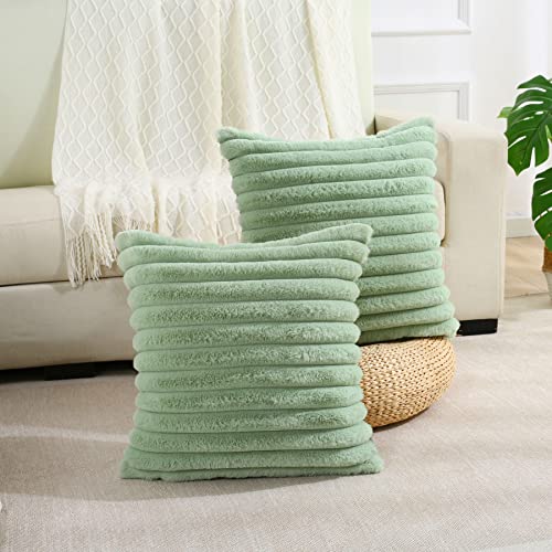 FUTEI Sage Green Striped Decorative Throw Pillow Covers 14x14 Inch Set of 2,Square Fall Decorations Couch Pillow Case,Soft Cozy Faux Rabbit Fur & Velvet Back,Modern Home Decor for Bed