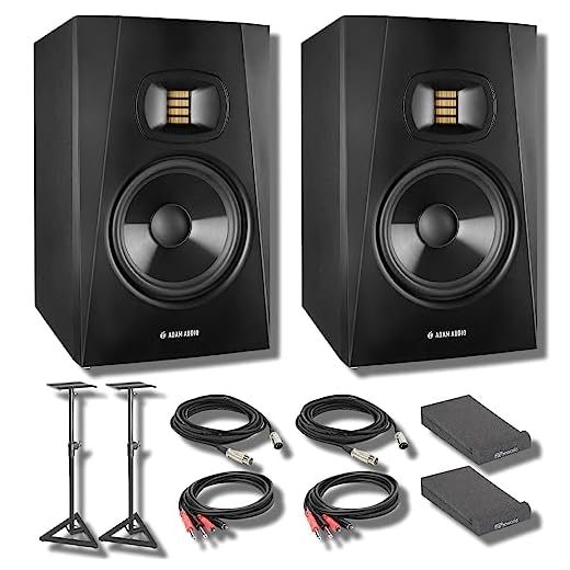 Adam Audio T5V Studio Monitor (Pair) with Isolation Pads, On-Stage SMS6000-P Monitor Stands, XLR Cables, Stereo Interconnect Cables and StreamEye Cloth