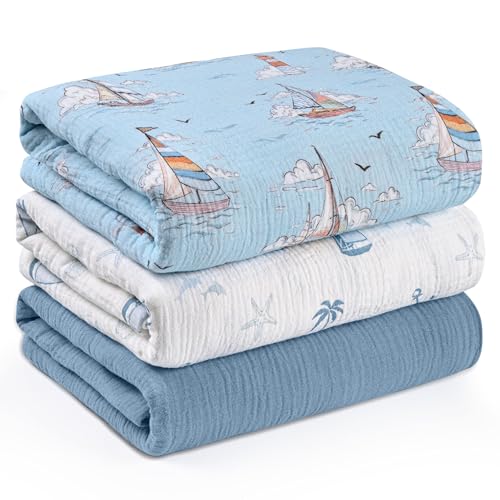 Image of Muslin Swaddle Blankets for Newborn, 3 Pack Breathable Soft Receiving Blanket, Large 38 x 40 inches Swaddle Wrap Burping Clothes, Essentials Infant Shower Items, Toddler Gift (Blue Sea)