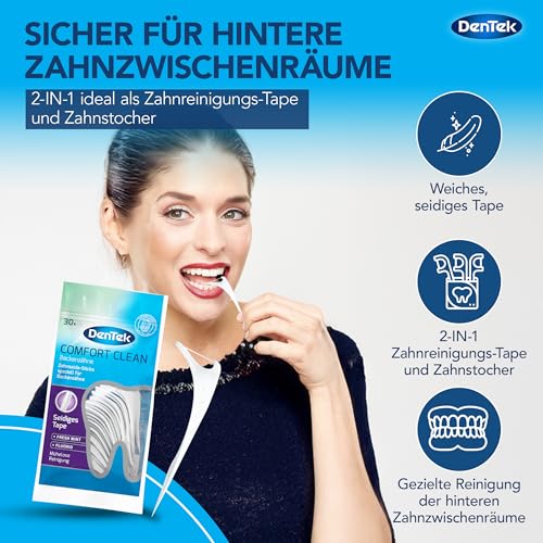 1 x 30 Stk. Dentek Comfort Clean Zahnseide Sticks, speziell für Backenzähne - Zahnreinigung der hinteren Zahnzwischenräume - Minzgeschmack - Fluorid - Zahnstocher , 30 Stück (1er Pack)