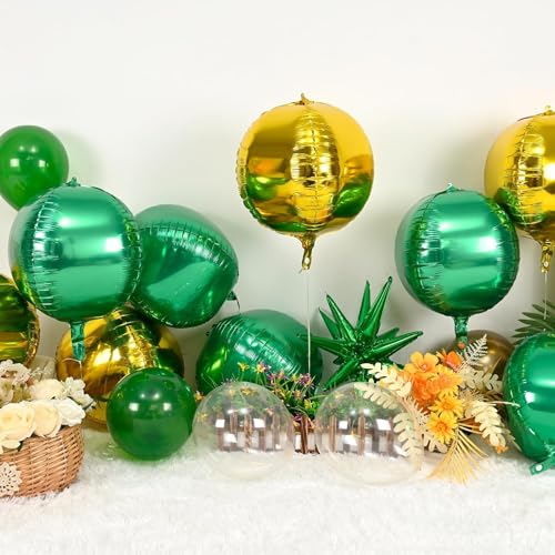 Image of 9 Pcs Green Gold Round Foil Balloons,22 Inch Round Balloons | Green Gold Giant 4D Round Ball Balloons For Birthday Jungle Safari Graduation St Patrick's Day Decorations
