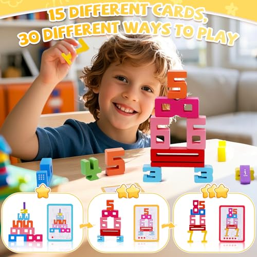Azazaza Wooden Number Blocks, Montessori Building and Stacking Toys Puzzle for Kids 3+ Years Old (20 Pieces, 15 Cards) - Image 2