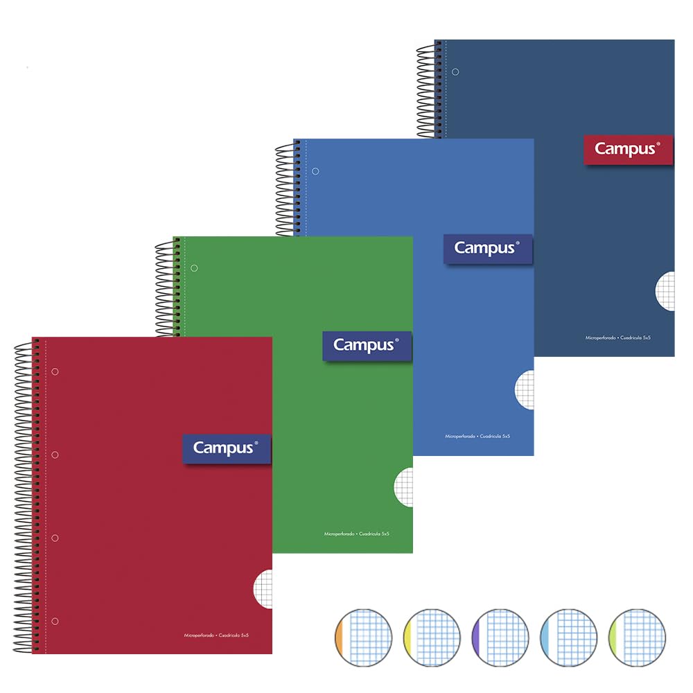 Campus - Cuadernos A4 Cuadrícula 5mm, Tapa Dura, 160 hojas, Pack de 4 blocs perfectos para uso escolar, oficina y hogar, Colores Surtidos (4 unidades)