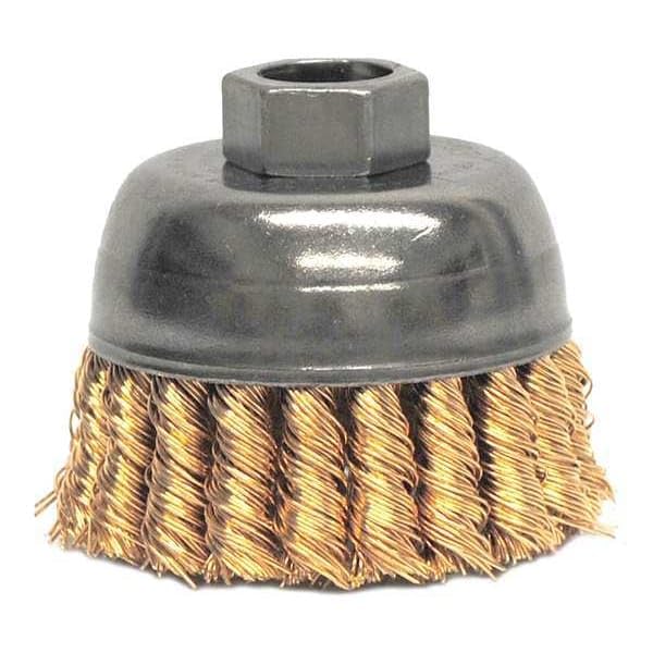 Image of Weiler 12776 4 inch Single Row Knot Wire Cup Brush 0.020 inch Bronze Fill, 5 /8 inch-11 UNC Nut, Made in The USA