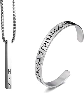 TURTLEDOVE 2 PCS Norse Viking Rune Month Necklace - Stainless Steel Adjustable Viking Rune Cuff Bangle Bracelet - Vintage Amulet Jewelry Gift