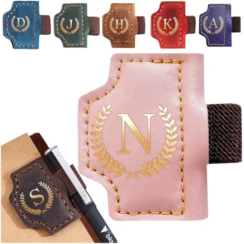 Personalized Mark Bookmark with Pen Holder, Leather Magnetic Book Marker 26 Letters,Custom Initials Page Marks, Gifts for Book Lovers Readers Men Women (Pink, N)
