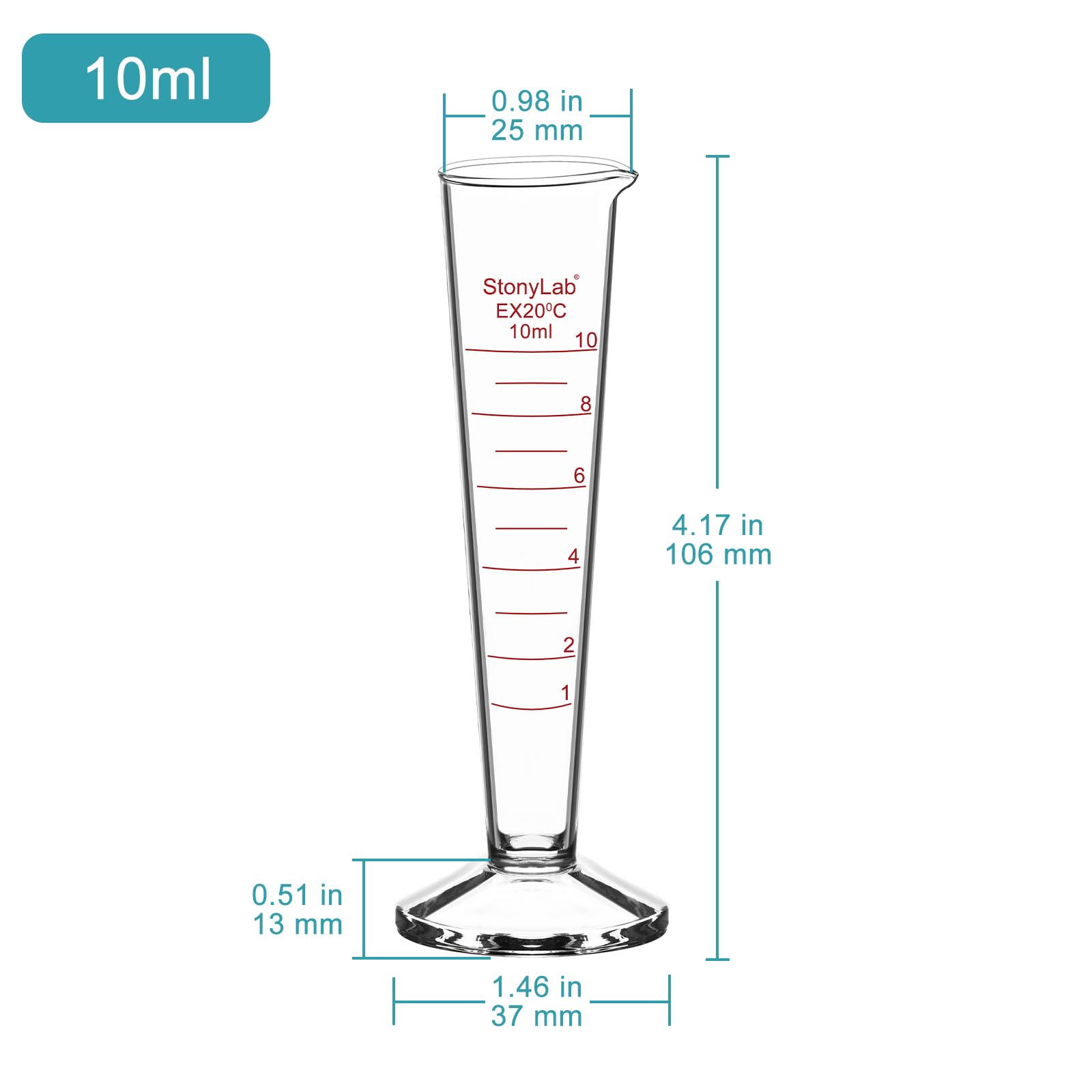 Cylindro Graduado de Vidrio Borosilicato 10 ml Boca Ancha Pico Vertedor