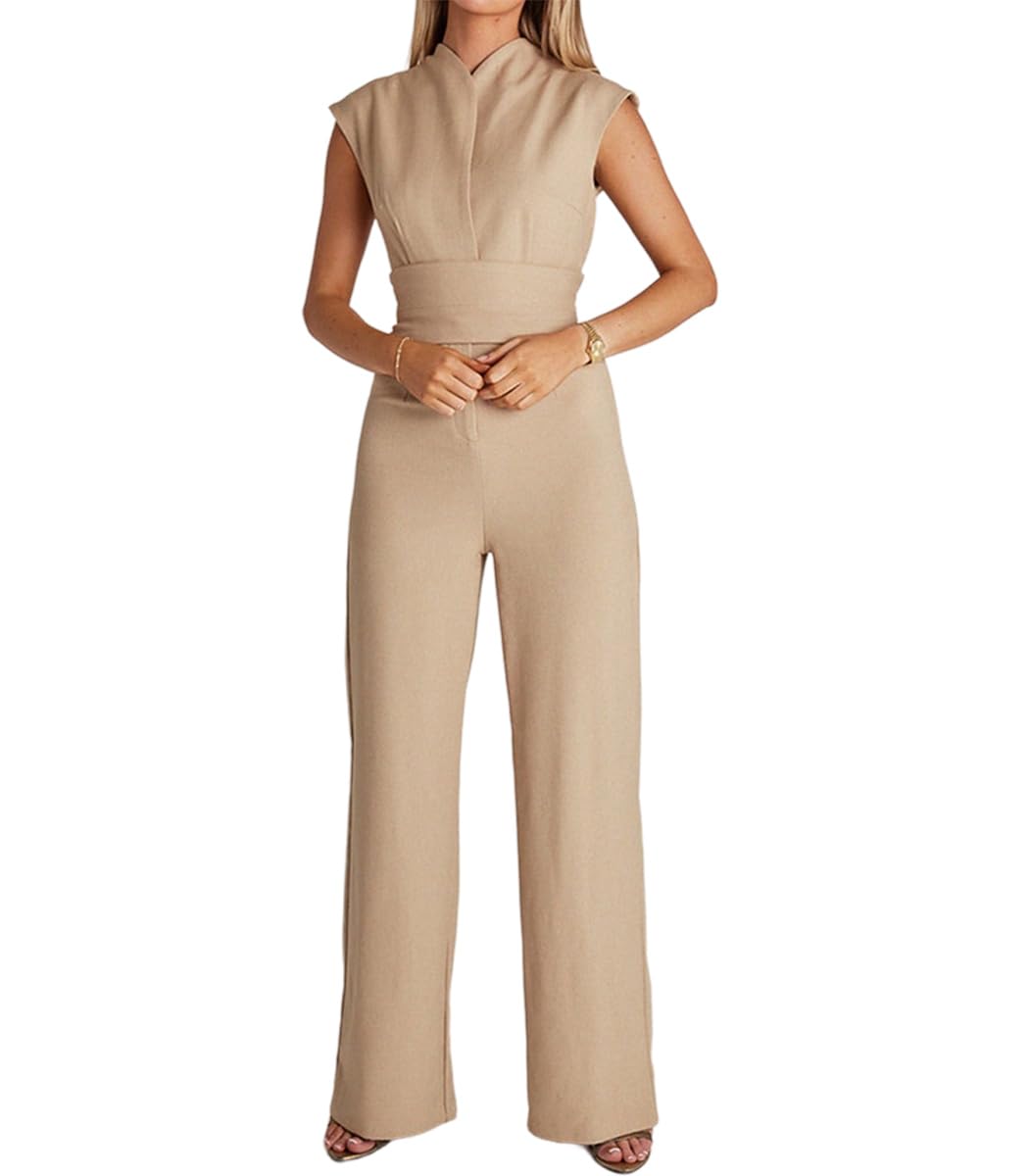 CERAVI Mono de verano sin mangas para mujer, pantalones largos anchos con cinturón, monos para mujer 2024, mameluco informal de verano