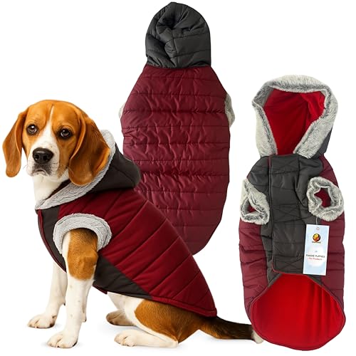 Image of Foodie Puppies Dog Puffer Hoodie Warm Winter Jacket - (Maroon Grey, 26 Inch) for Medium to Large Dogs | Ultra Warm Waterproof & Windproof Fur Coat | Washable Pet Vest Apparel for Cold Weather