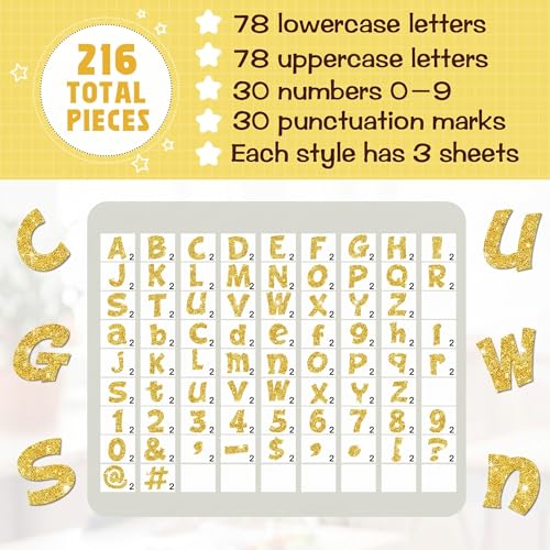 Image of Colarr 216 Pcs 7 Inch Glitter Bulletin Board Letters Large for Classroom Alphabet Punctuation Symbol Cutout Die-Cut Poster Letter with Adhesive Dot School Party Holiday Decor Display(Gold)