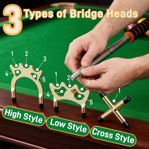 Pumtus Retractable Billiards Cue Bridge, Snooker Pool Cue Bridge Stick, Billiards Cue Rest with 3 Pieces Removable Brass Bridge Head, Billiards Table Accessories for Pool Table, Game, Competition - Image 5