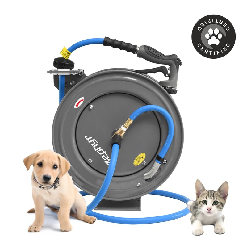 Image of Zephyr Auto-Retractable Garden Hose Reel | Heavy-Duty | Made in India | w / 3 /4in x 50ft Zephyr Hose and HD Spray Gun - Grey