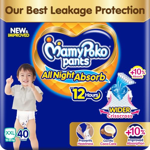 Image of New Mamypoko Pants Premium All Night Absorb| Pant Style Baby Diapers XX- Large Size(XXL), 40 Count, Ideal for 15-25Kgs|1 Diaper= Upto All Night Absorption now with 10% increased power|Wider Crisscross Sheet|Gentle Coco Care| 12hr Leakage Protection| Prevents Heaviness.