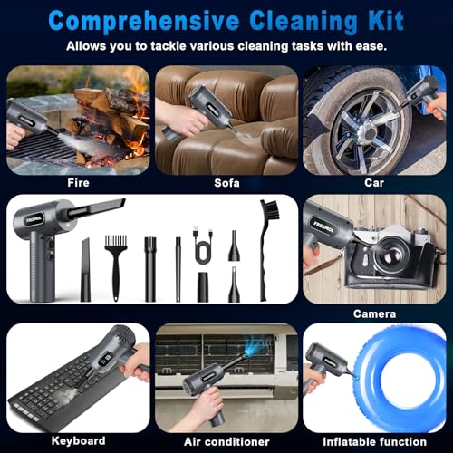 Image of FRESMOL Compressed Air Duster 100000RPM Cordless Grey | 3 Speeds, Smart LED Display, LED Light, 7500mAh Rechargeable, 5 Nozzles & 3 Brushes, for Keyboard, Car, Home, Outdoor