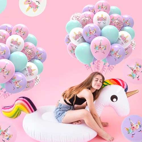 Image of Unicorn Pastel Balloons - 51pcs Light Pink Purple Macaron Tiffany Blue White Confetti Latex Balloons for Girls Women Unicorn Birthday Baby Shower Wedding Princess Party Decorations