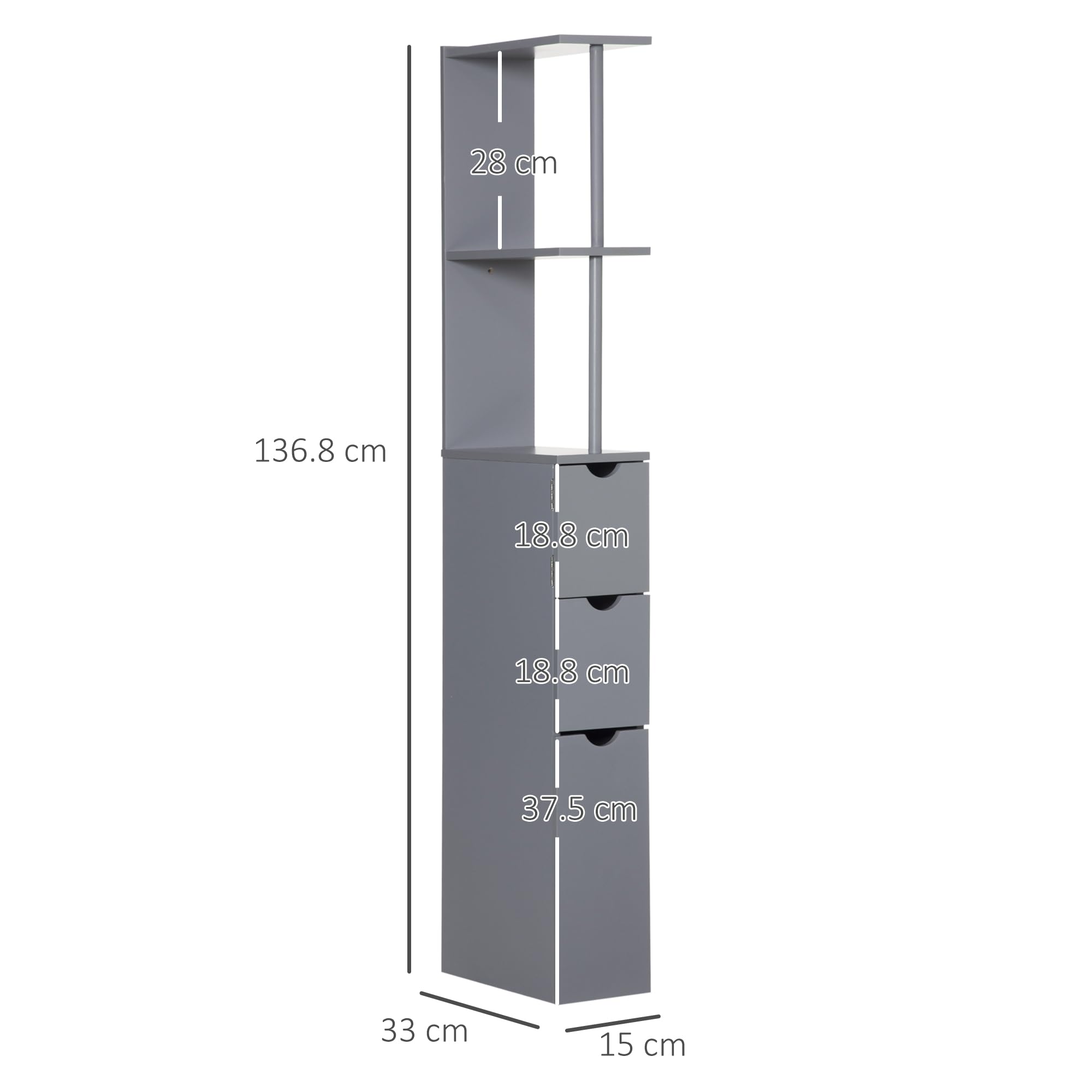 HOMCOM Colonna Bagno, Mobile Bagno Salvaspazio in Legno, Mobiletto con Armadietto, Ripiani e Cassetti, 15x33x136.8 cm, Grigio