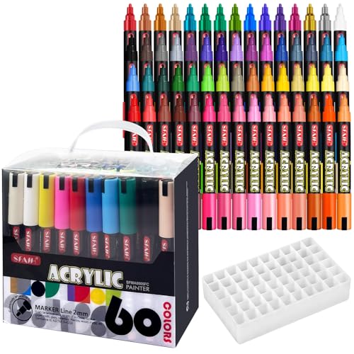 Image of SFAIH Acrylic Creative Markers Set of 60 With 14 Metallics, 3mm Medium Tips
