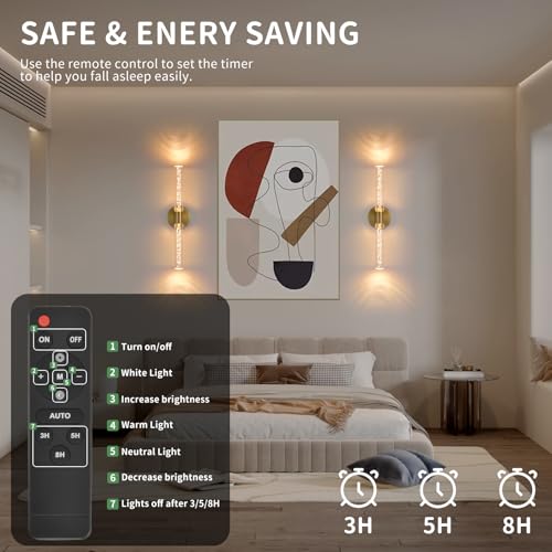 Image of Battery Operated Wall Sconces Set of Two, Gold 20'' Rechargeable Crystal Bubble Wall Sconce with Remote Control, 3000K-6000K Dimmable LED Wireless Wall Lights for Living Room Bedroom Bathroom Hallway