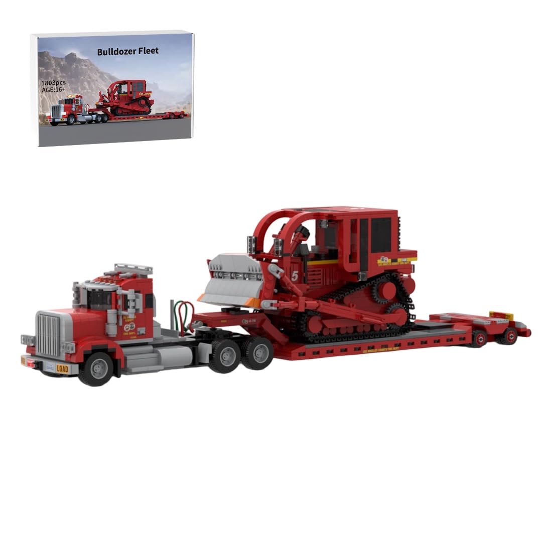 1803 Teile Schwerlast Tieflader Lkw Bausatz, Baumaschinen Transport Modell | mit Zugmaschine & Raupenbagger, glatte Bausteine + QR-Anleitung für Erwachsene & Sammler
