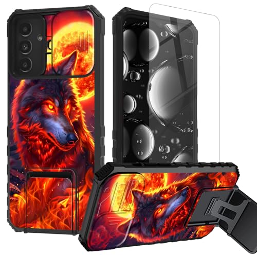 BREIDMKFM for Galaxy A15 5G Phone Case with Screen Protector & Kickstand & Slide Camera Lens Protector Cover for Samsung Galaxy A15 5G Case Heavy Duty Dual Layer Rugged,Fire Red Wolf