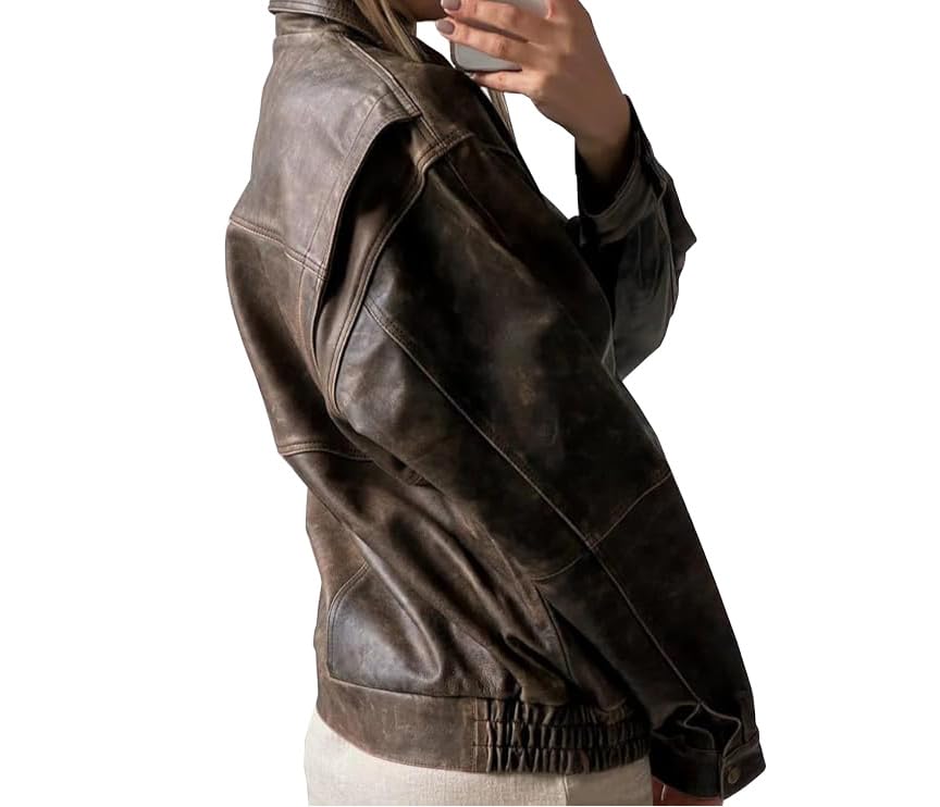 Women 80s Oversize Vintage Style Distressed Brown Lambskin Real Leather Classic Jacket4