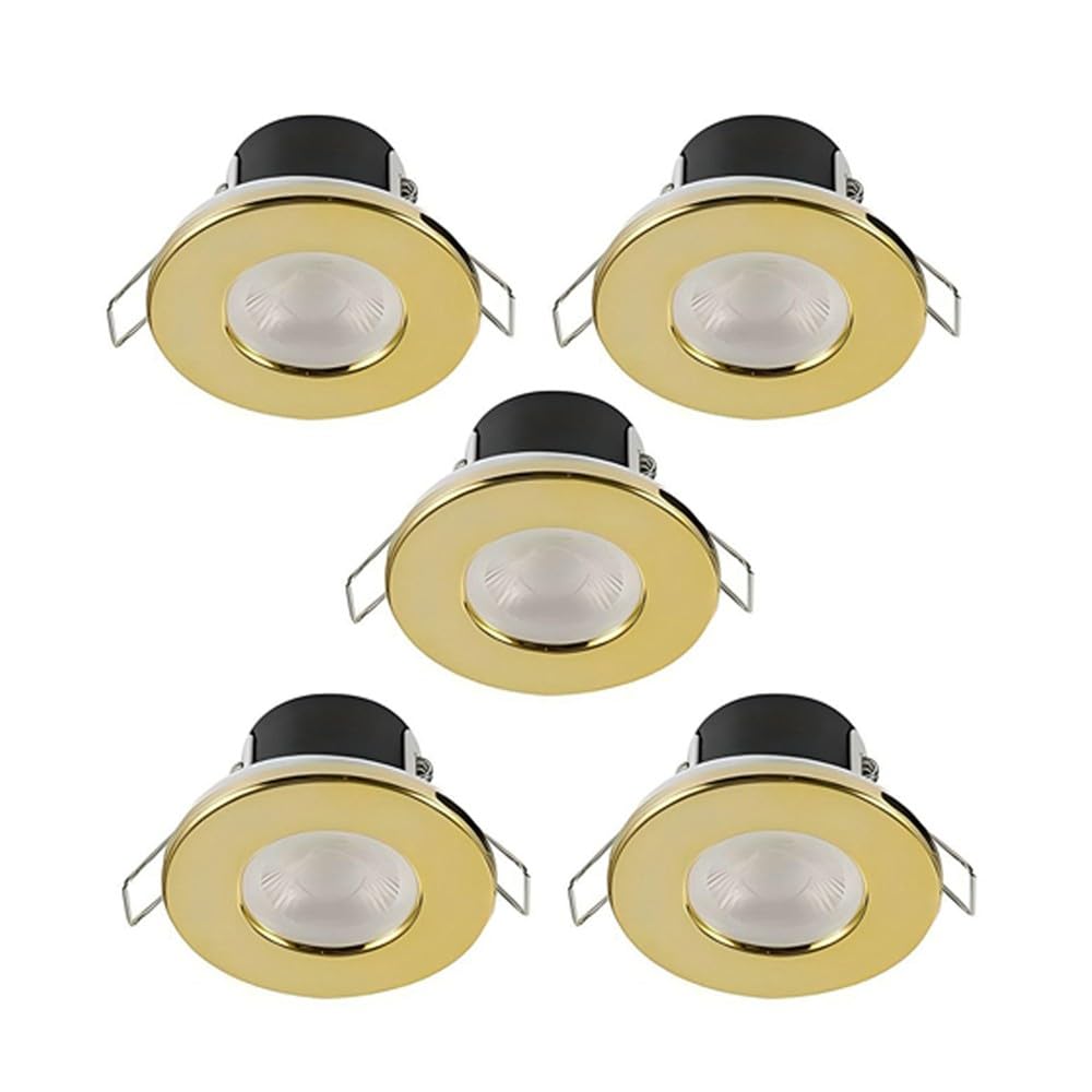 NWT Direct Brushed Brass LED Dimmable Spotlight Down Light IP65 Ceiling Bathroom Kitchen Waterproof 4 Bezel Finishes Fire Rated Bulb Energy Efficient A++ - Pack of 5