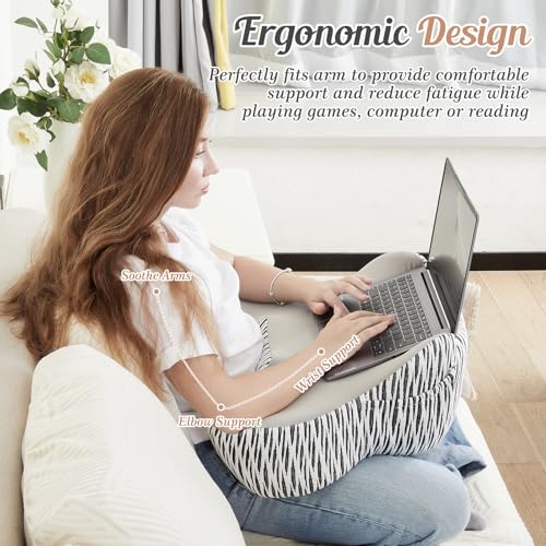 Image of DONAMA Reading Pillow for Gaming, Lap Desk Pillow for Laptop, Arm Rest Pillow with Side Pockets, Memory Foam Bed Rest Pillow for Reading, Working, Gaming, Writing in Bed Couch Floor (Light Grey)