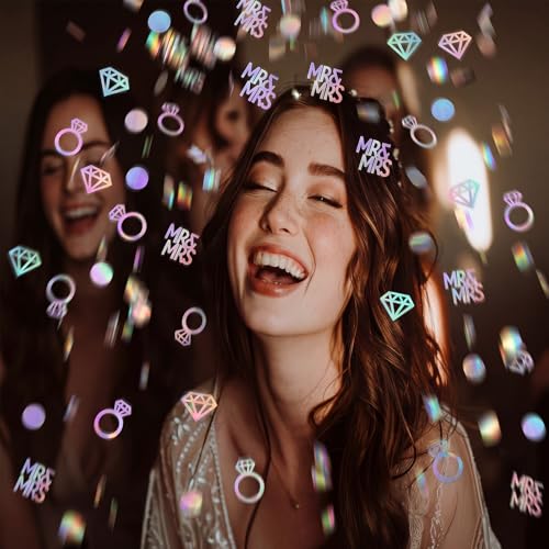 Image of Sumind 220 Pieces Laser Silver Wedding Table Confetti, Paper Mr and Mrs Laser Silver Diamond Ring Circle Dots Diamond Glitter Confetti for Marriage Ceremony Anniversary Valentine