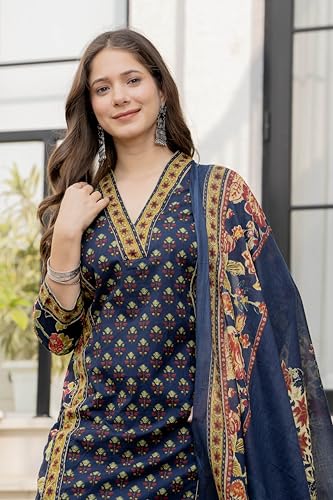 Image of MEERA FAB Women's Cotton Blend Straight Printed Kurta with Palazzo & Dupatta