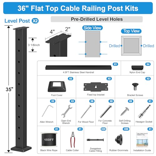 Image of 36 inch Complete Set Cable Railing Post Kits, Wire Railing System Includes 2Pack Updated 35 inch Level Drilled Posts, 4.5FT Cable Handrail, 1 /8 inch 150FT Wire Rope, Swageless Deck Cable Railing System