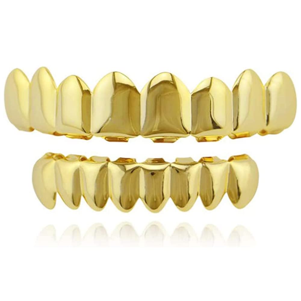 Plated Hip Hop Teeth,Gold Plated Teeth Grill Set 18K Gold Plated Hip Hop Grillz 2 Extra Strips for Shaping,for Dental Care Sets Party Performance(Gold) — image 1