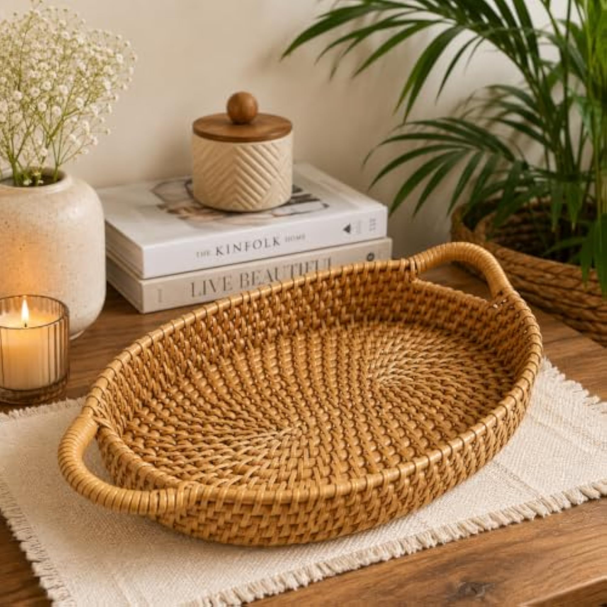 Handwoven Cane Basket Tray with Handles