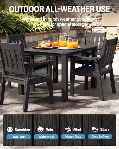 Image of YEFU HIPS Patio Table Set: 5 Piece Outdoor Square Table and Chairs with Metal Aluminum Frame - Black Modern Plastic Patio Dining Furniture Set 4 Person for Outside Deck