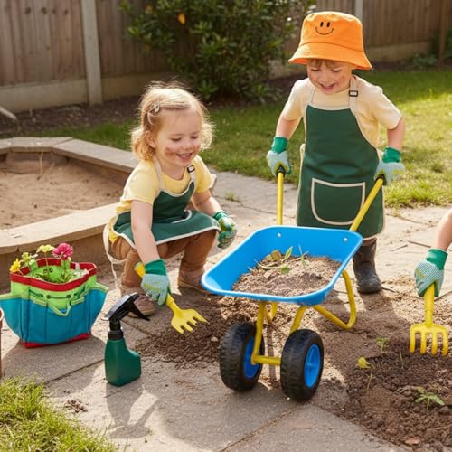 Image of Kids Gardening Metal Wheelbarrow Outdoor Toy with 12 PCS Tools(Blue Set) | Toddler Metal Wheelbarrow Children Apron,Gloves,Hat,Flower Pot,Bag,Label,Watering Sprayer,Pointed Shovel,Square Shovel,Rake