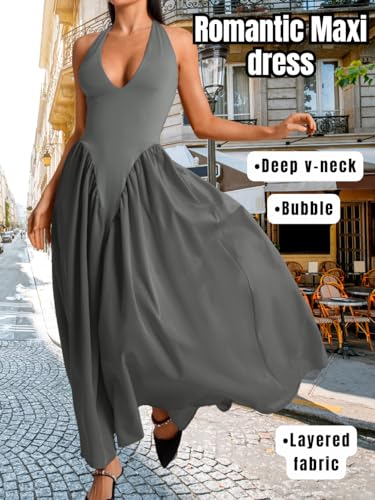 Image of ChiaoLezhee Deep V Neck Dress, Halter Maxi Dresses, Vacation Date Night, Sexy for Women Corset Flowy Wedding Guest Drop Waist