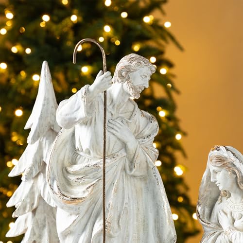 Image of Glitzhome 5Piece White /Gold Resin Nativity Sets, Holy Family Figurines with Joseph, Mary, Baby Jesus and 2 Christmas Table Trees for Christmas Table Decor, Indoor Nativity Figurines Tabletop Scene