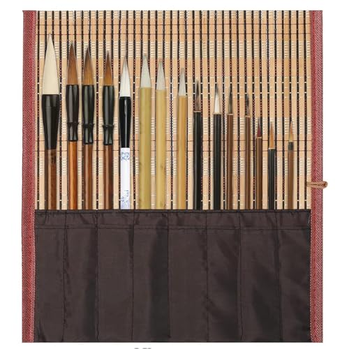 15 Piece Chinese Calligraphy Brush Set with Roll-Up Bamboo Holder, Professional Sumi Brushes Different Sizes Writing Brush for Watercolor Ink Painting Drawing Art Supplies (Burlywood)
